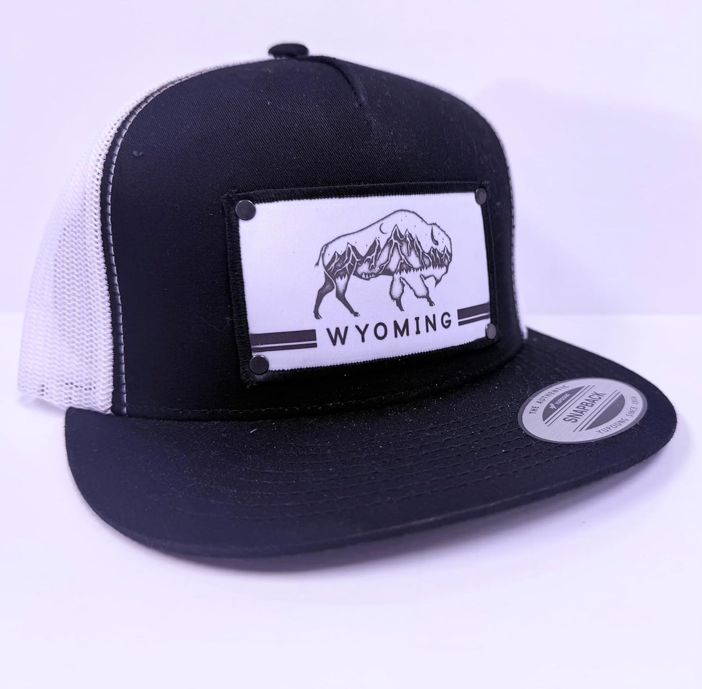 Wyoming Bison with Mountain Scene Flatbrim Trucker Snapback Hat Black & White One Size
