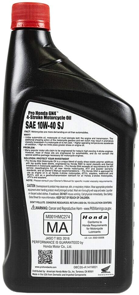 Honda GN4 10w40 ATV / UTV / Motorcycle 4-Stroke Engine Oil - 1 Case (12 Quarts)