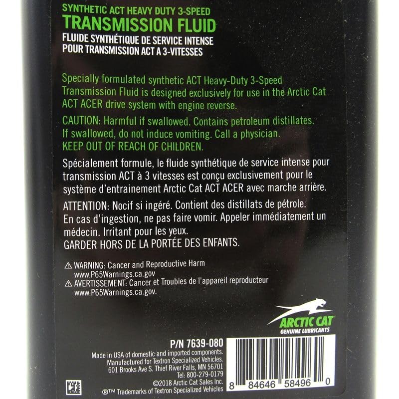 Arctic Cat Snowmobile Synthetic ACT 3 Speed Transmission Fluid 27.1 oz. 7639-080 Bearcat & Panterra 7000 XT