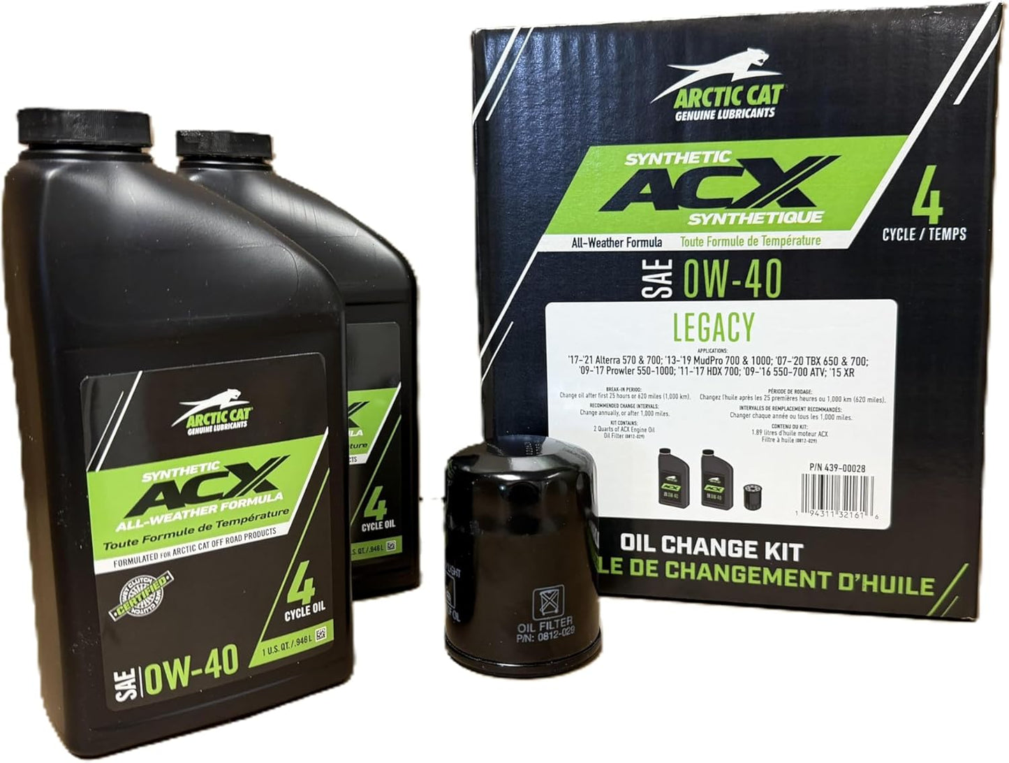 Arctic Cat ATV & UTV Legacy 0W-40 Synthetic ACX 2 Quart Oil Change Kit Alterra Mudpro Prowler HDX (See Fitment) 439-00028